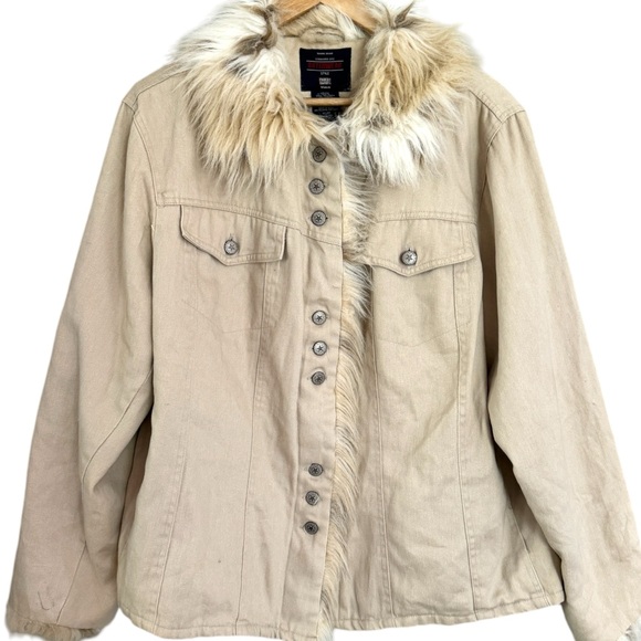 Y2K Faded Glory Tan Trucker Jacket Fur Trim Quilted Liner Size 1X - Picture 11 of 12